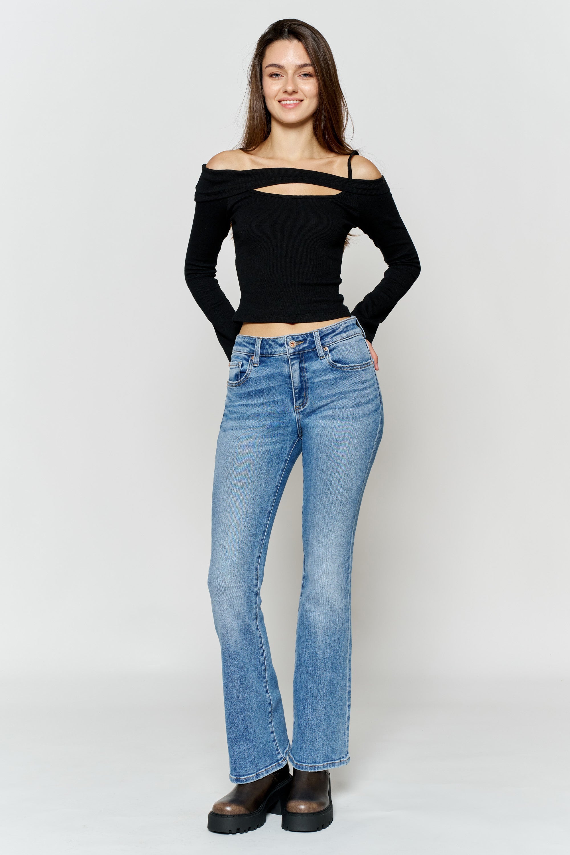 Women's blue bootcut jeans boots for casual everyday wear