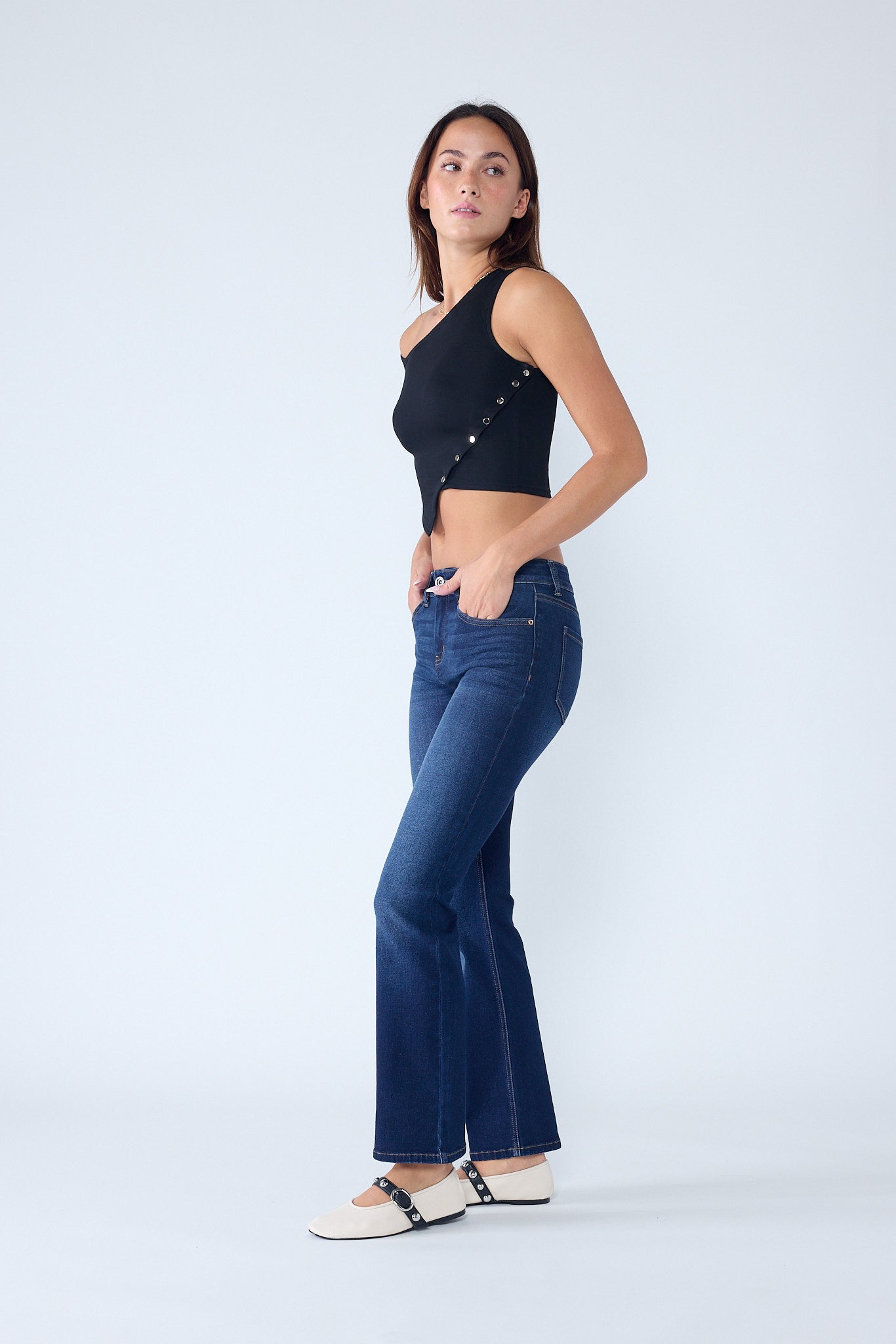 Women's dark blue bootcut jeans boots, perfect for casual wear