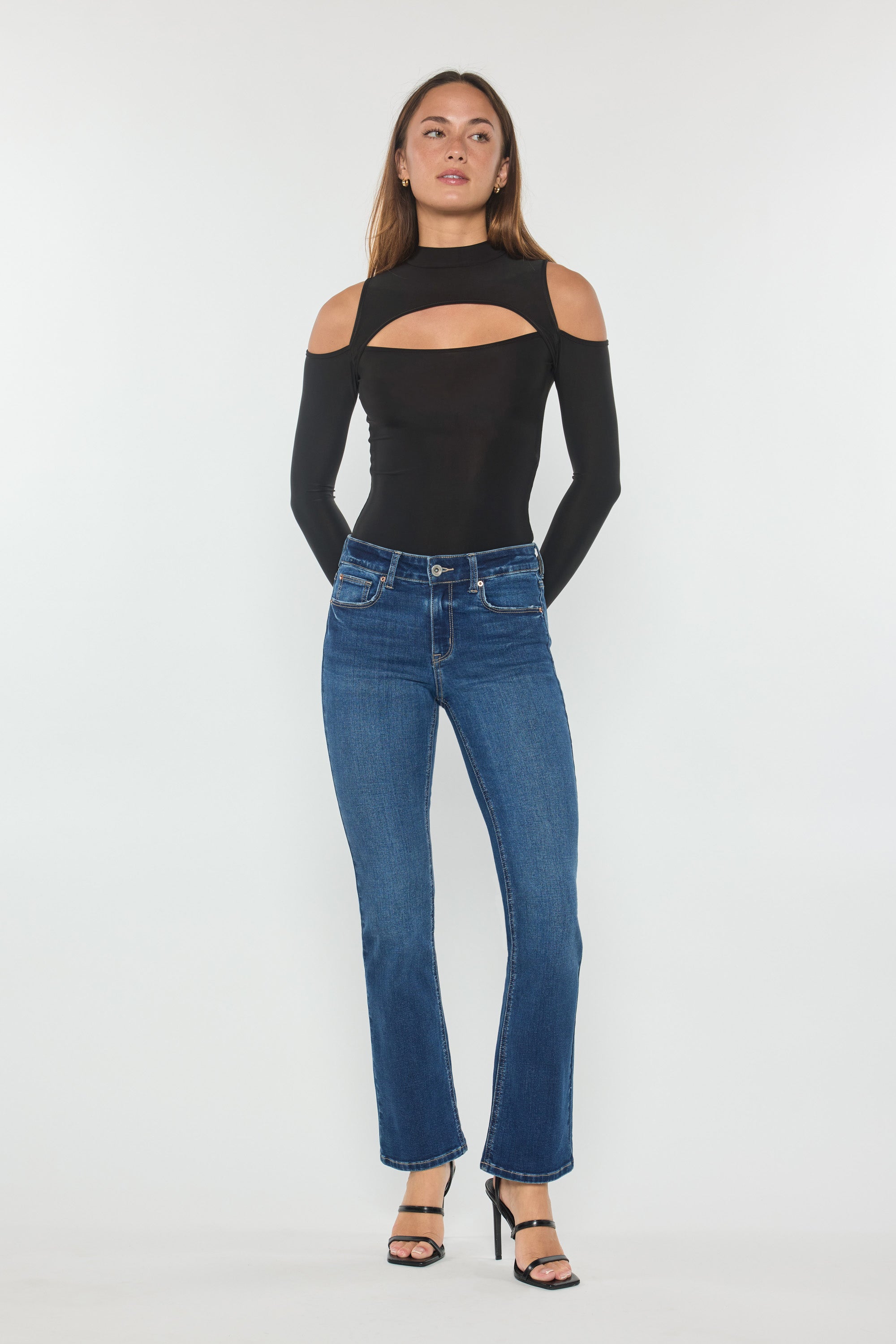 Women's bootcut jeans boots in dark wash denim, perfect for casual outings