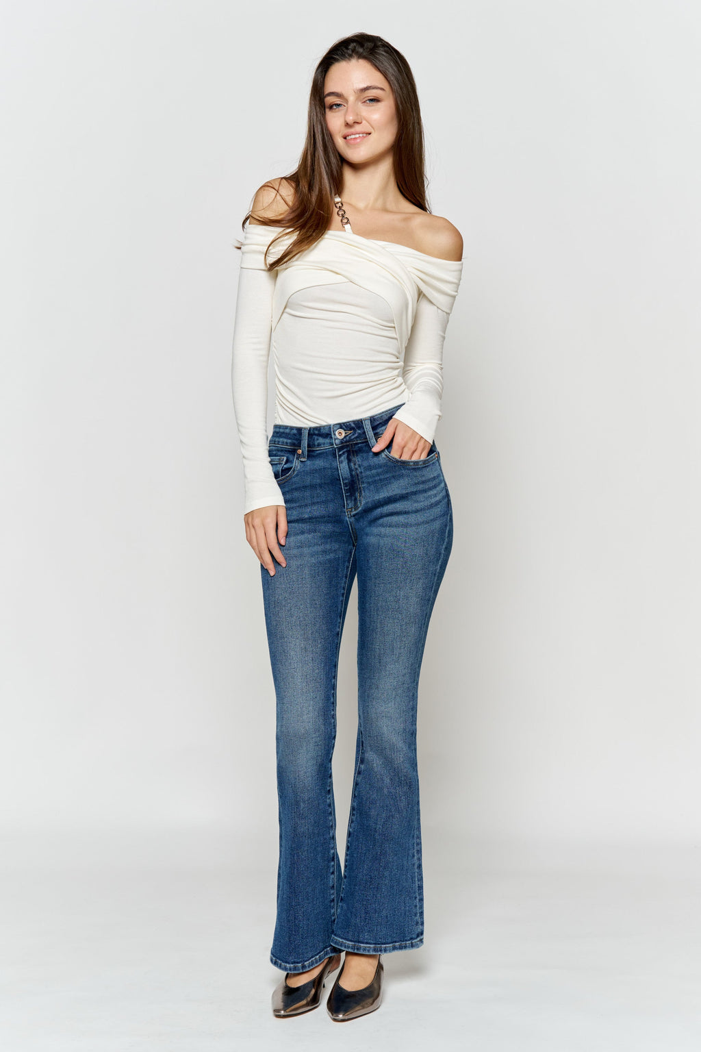 Women's blue bootcut jeans boots, stylish and comfortable for casual wear