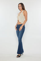 Women's bootcut jeans boots in dark blue denim for stylish casual wear