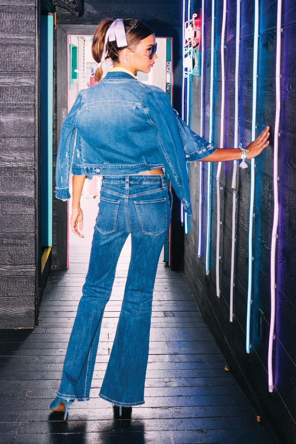 Women's denim bootcut jeans boots with a stylish blue wash