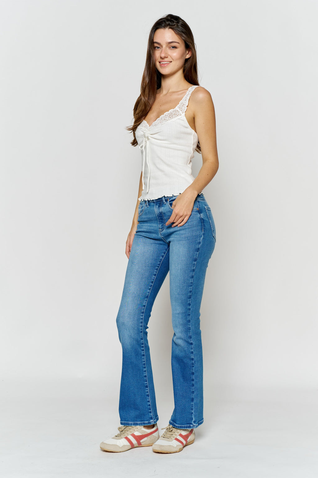 Women's blue bootcut jeans boots for a casual outfit