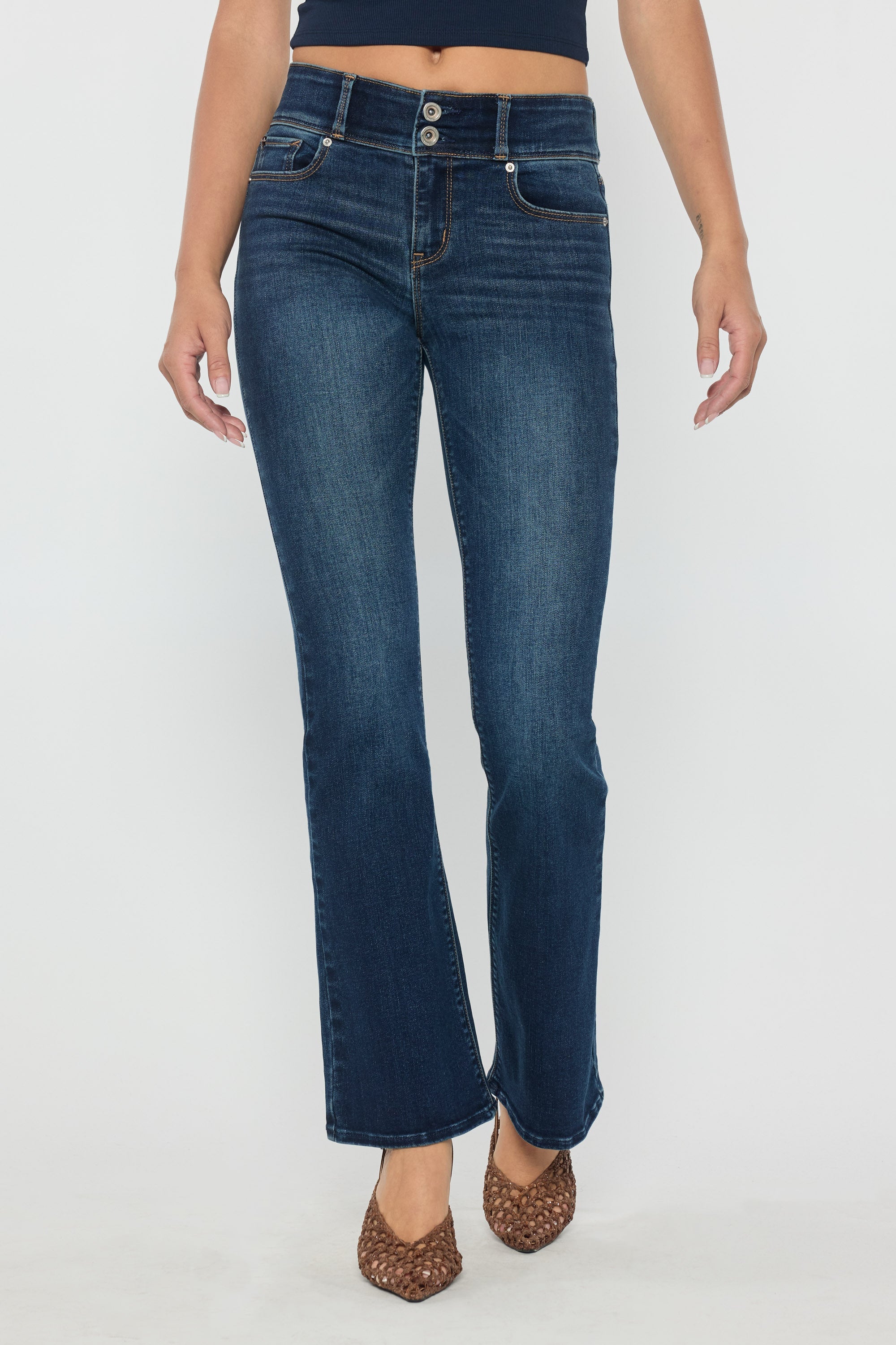 Women's dark wash bootcut jeans boots, ideal for casual wear