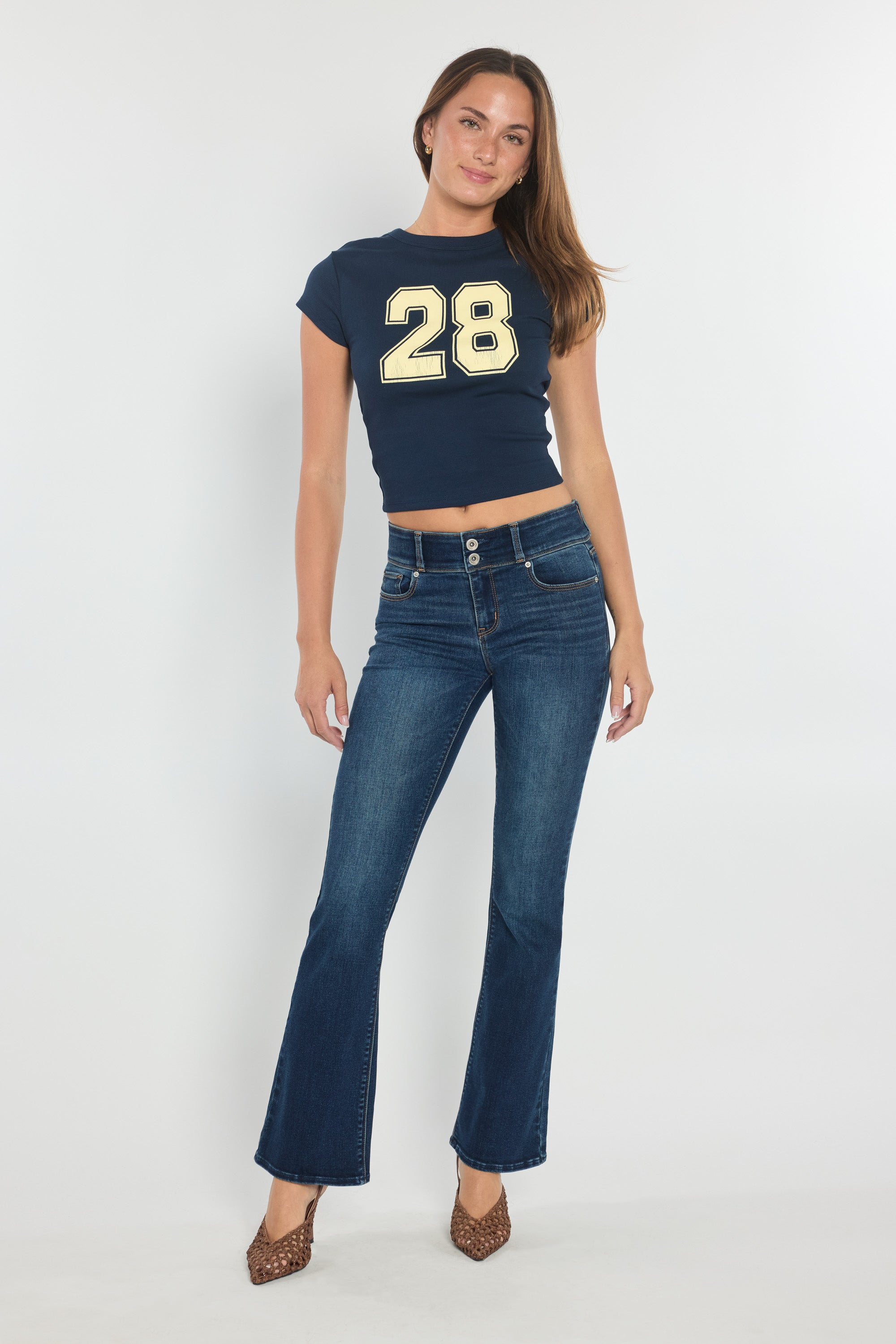 Women's bootcut jeans boots, dark wash denim for a stylish look