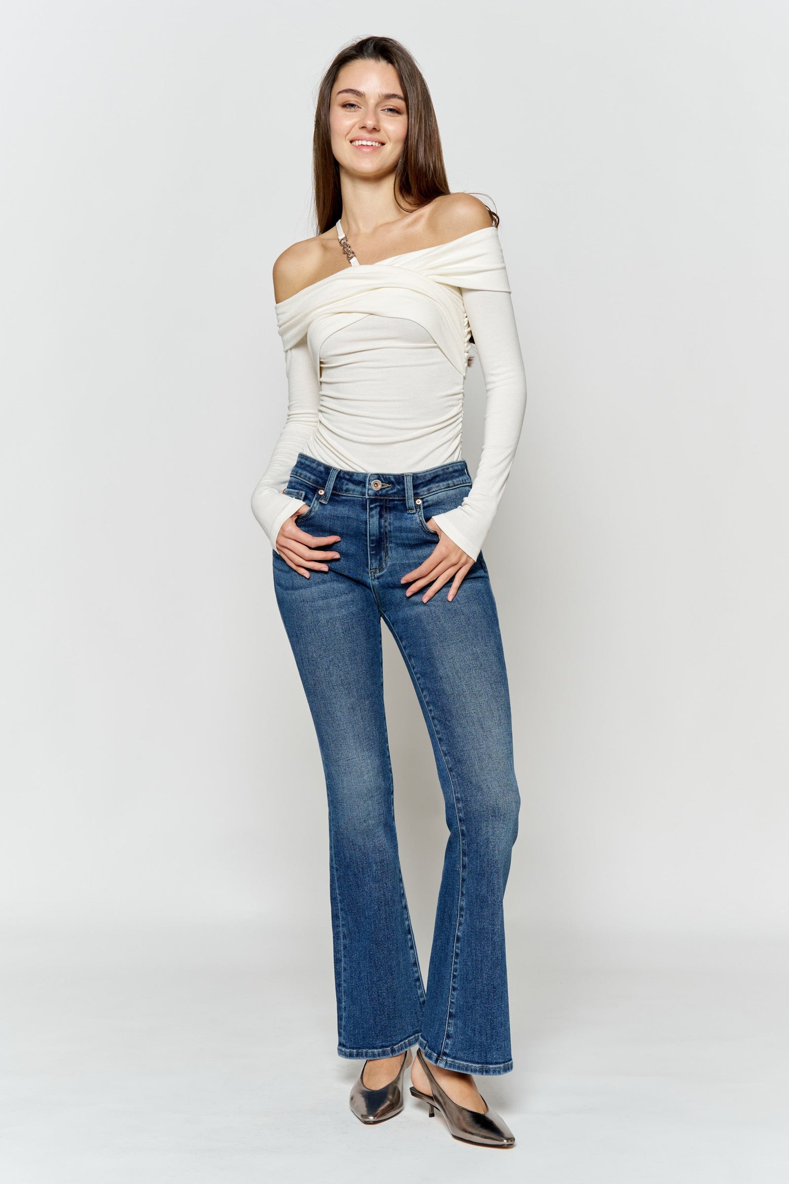 Women's bootcut jeans boots, classic blue denim, stylish for casual outings