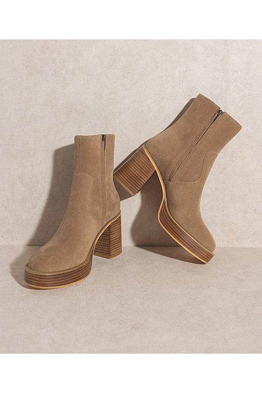 Women's taupe suede booties ankle with chunky heel for stylish outfits