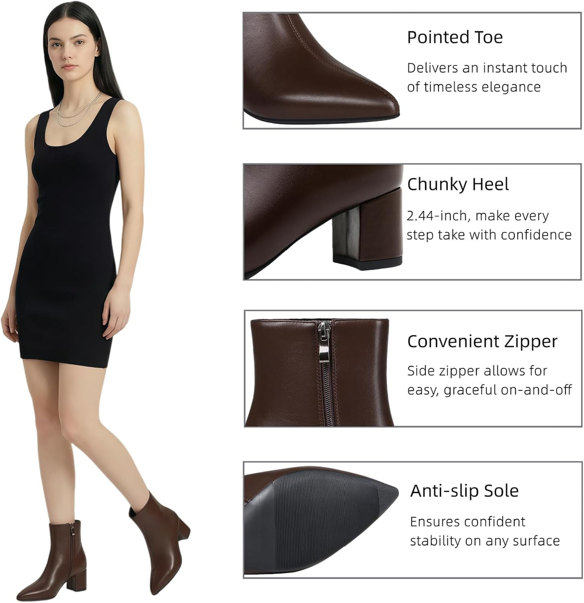 Booties for Women Pointed Toe Ankle Boot Chunky Block Low Heel Boot – back view