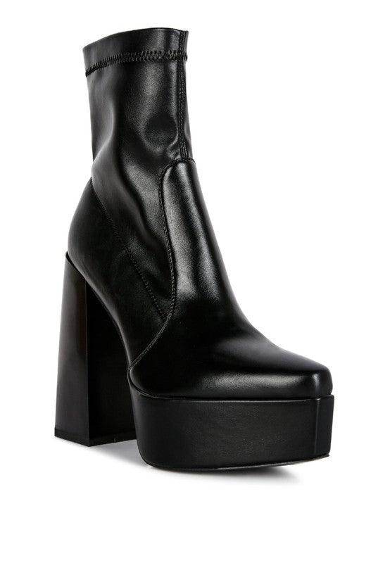 Women's black leather platform boots for ankle with chunky heel