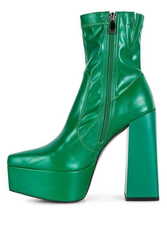 Women's green leather ankle boots for ankle with platform heel