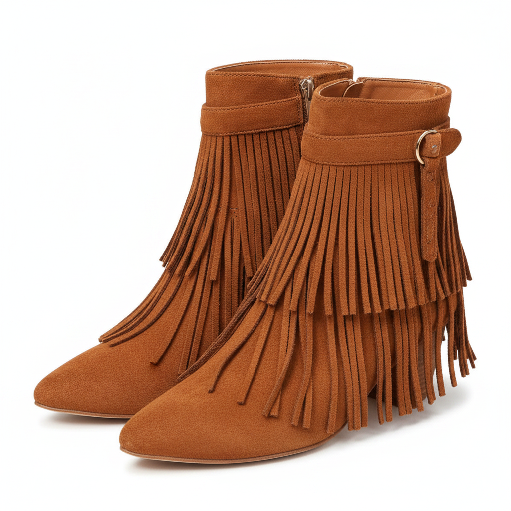 Women's brown suede fringe boots for ankle, stylish and trendy