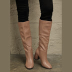 Women's tan high knee boots, faux leather, stylish for everyday wear