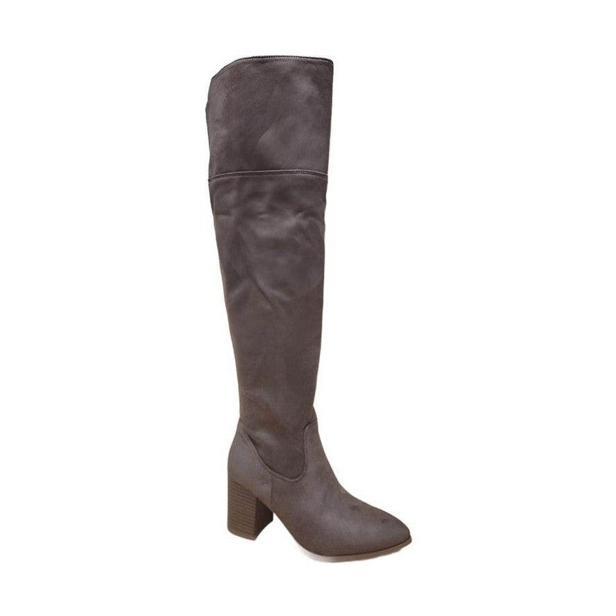 Women's gray high knee boots with block heel, stylish for all occasions