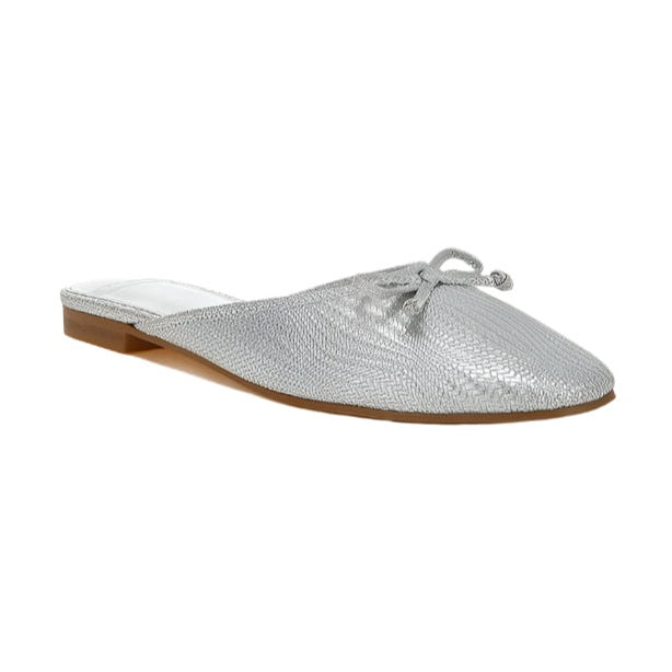 Rag Company silver bow accent flat mules with textured upper and low heel women's shoes