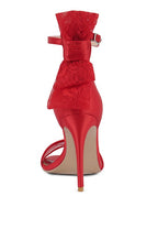 Women's red bow detail lace stiletto sandals for elegant occasions