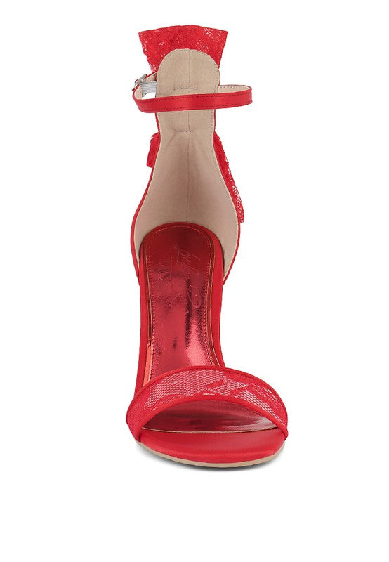 Women's red bow detail lace stiletto sandals for elegant occasions