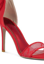 Red bow detail lace stiletto sandals for elegant occasions