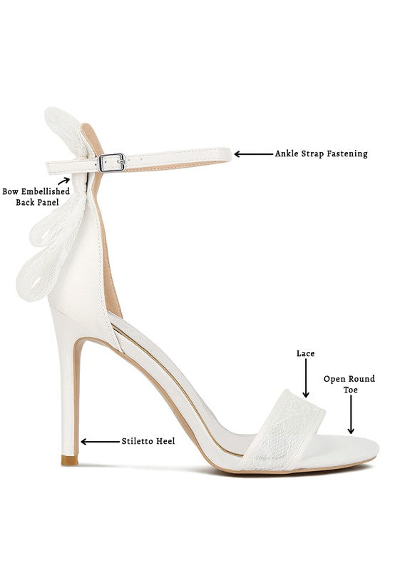 Women's white bow detail lace stiletto sandals with ankle strap and open toe