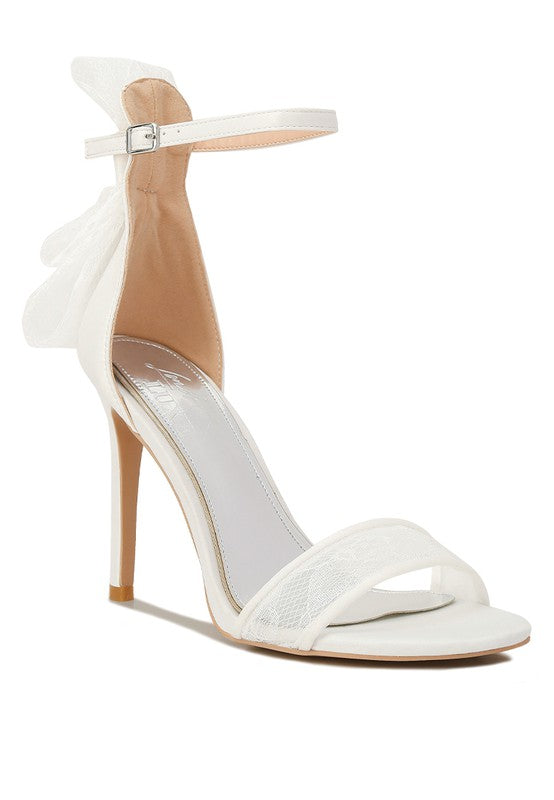 White bow detail lace stiletto sandals for elegant occasions