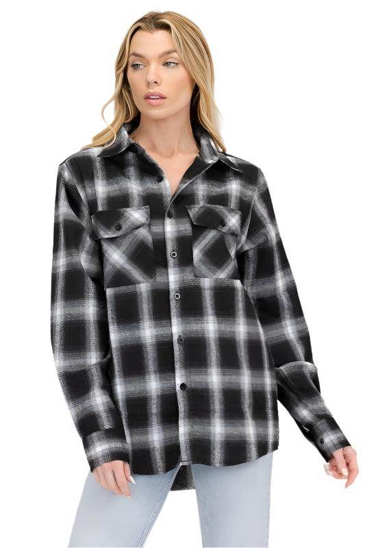 Boyfriend Fit Checker Plaid Flannel Long Sleeve - VacationGrabs