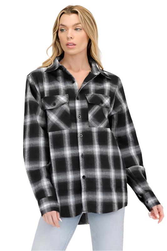 Women's ShirtsBoyfriend Fit Checker Plaid Flannel Long Sleeve Shirts - VacationGrabs