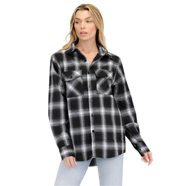 Boyfriend Fit Checker Plaid Flannel Long Sleeve Shirts - VacationGrabs