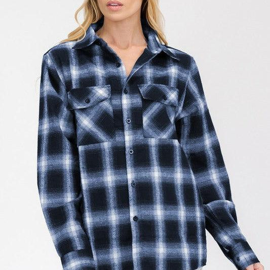 Women's Shirts Boyfriend Fit Checker Plaid Flannel Long Sleeve