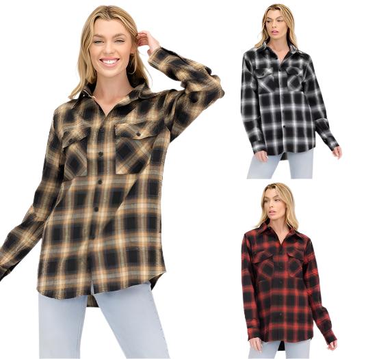 Women's Shirts Boyfriend Fit Checker Plaid Flannel Long Sleeve