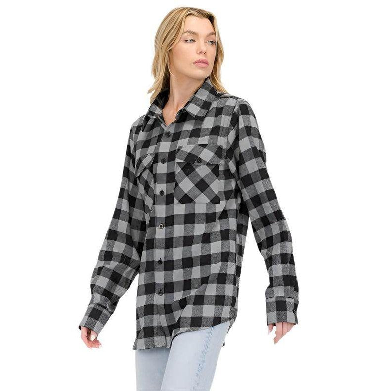 Boyfriend Fit Shirts Checker Plaid Flannel Long Sleeve - VacationGrabs