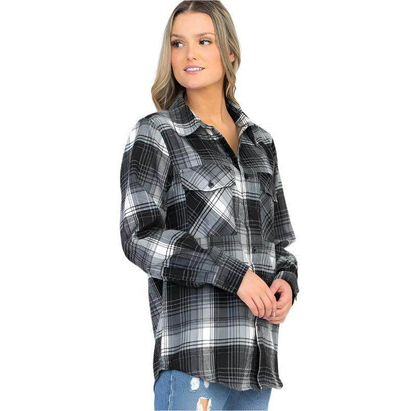 Boyfriend Fit Checker Plaid Flannel Long Sleeve Shirts - VacationGrabs