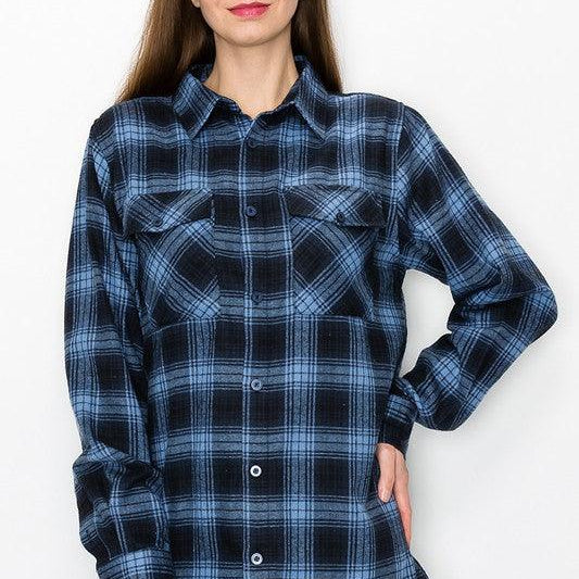 Women's Shirts Boyfriend Fit Checker Plaid Flannel Long Sleeve Shirts