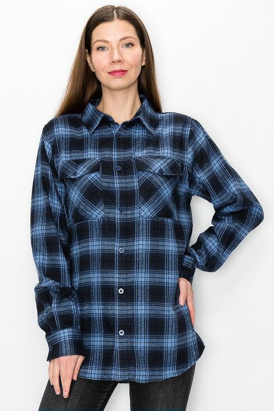 Women's Shirts Boyfriend Fit Checker Plaid Flannel Long Sleeve Shirts