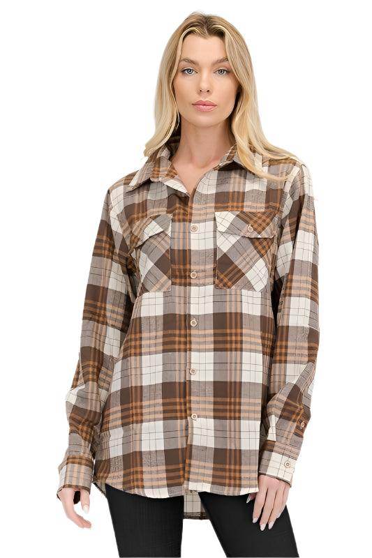 Boyfriend Fit Checker Plaid Flannel Shirts Long Sleeve - VacationGrabs