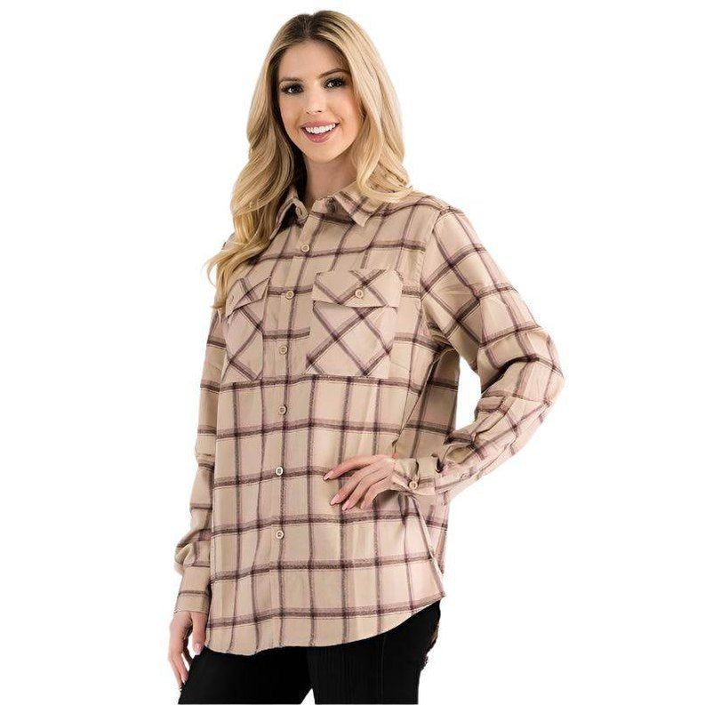Boyfriend Fit Shirt Checker Plaid Flannel Long Sleeve - VacationGrabs