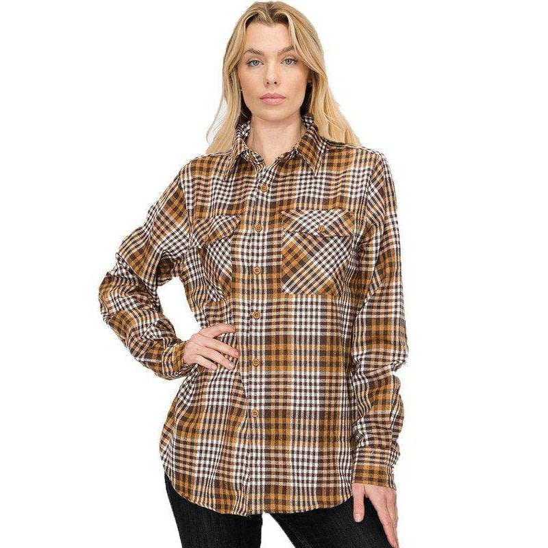 Boyfriend Fit Shirt Checker Plaid Flannel Long Sleeve - VacationGrabs