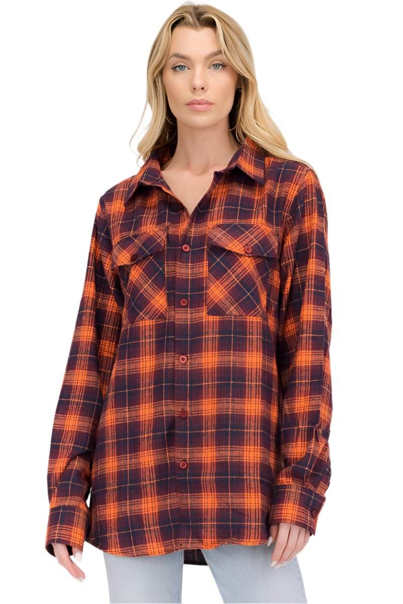 Women's Boyfriend Style Checkered Flannel Shirt in Orange and Navy with Chest Pockets