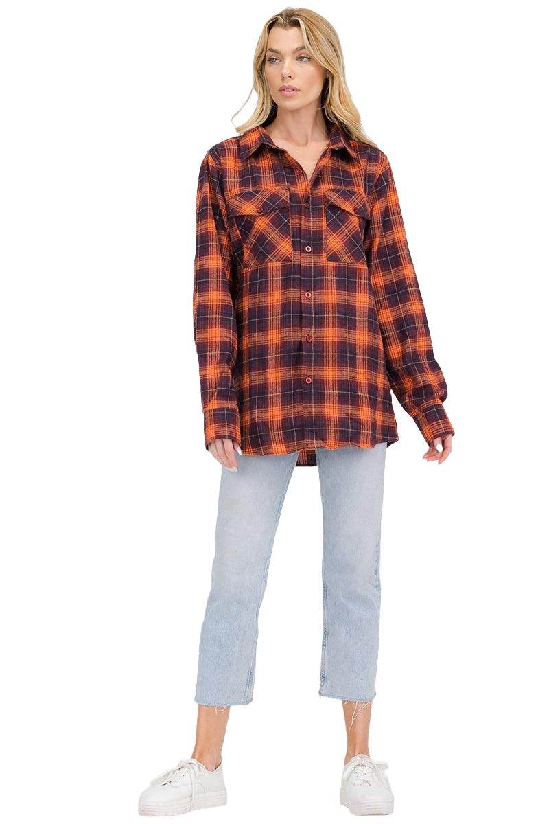 VacationGrabs Women's Boyfriend Style Checkered Flannel Shirt in Orange and Navy, perfect for casual wear