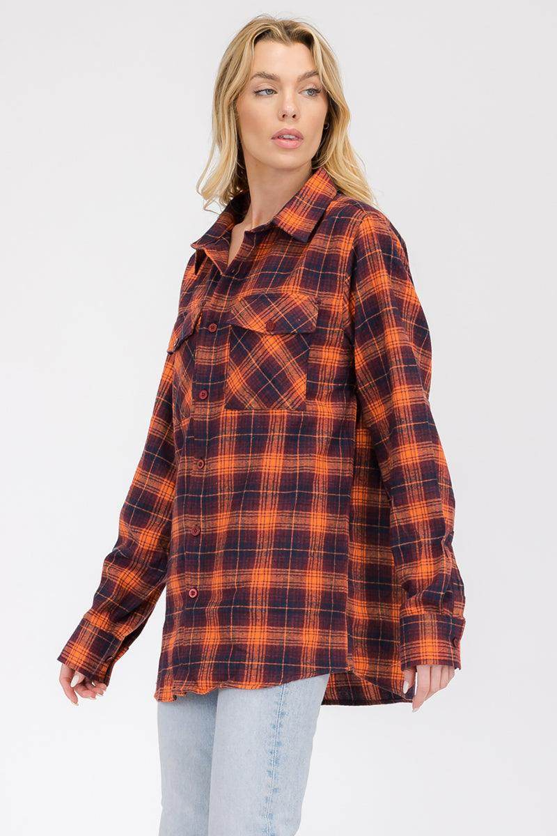 Women's Boyfriend Style Checkered Flannel Shirt in Orange and Black for Casual Wear
