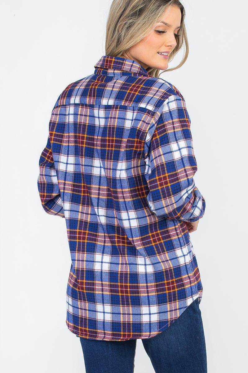 Women's Boyfriend Style Plaid Flannel Shirt in Blue and Orange Pattern with Long Sleeves