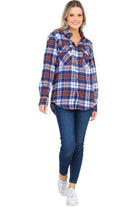 VacationGrabs Women's Boyfriend Style Plaid Flannel Shirt in Blue and Orange with Button Pockets