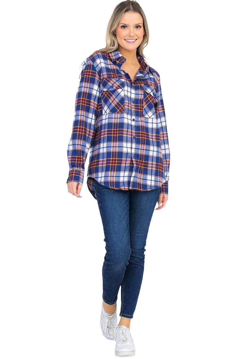 VacationGrabs Women's Boyfriend Style Plaid Flannel Shirt in Blue and Orange with Button Pockets