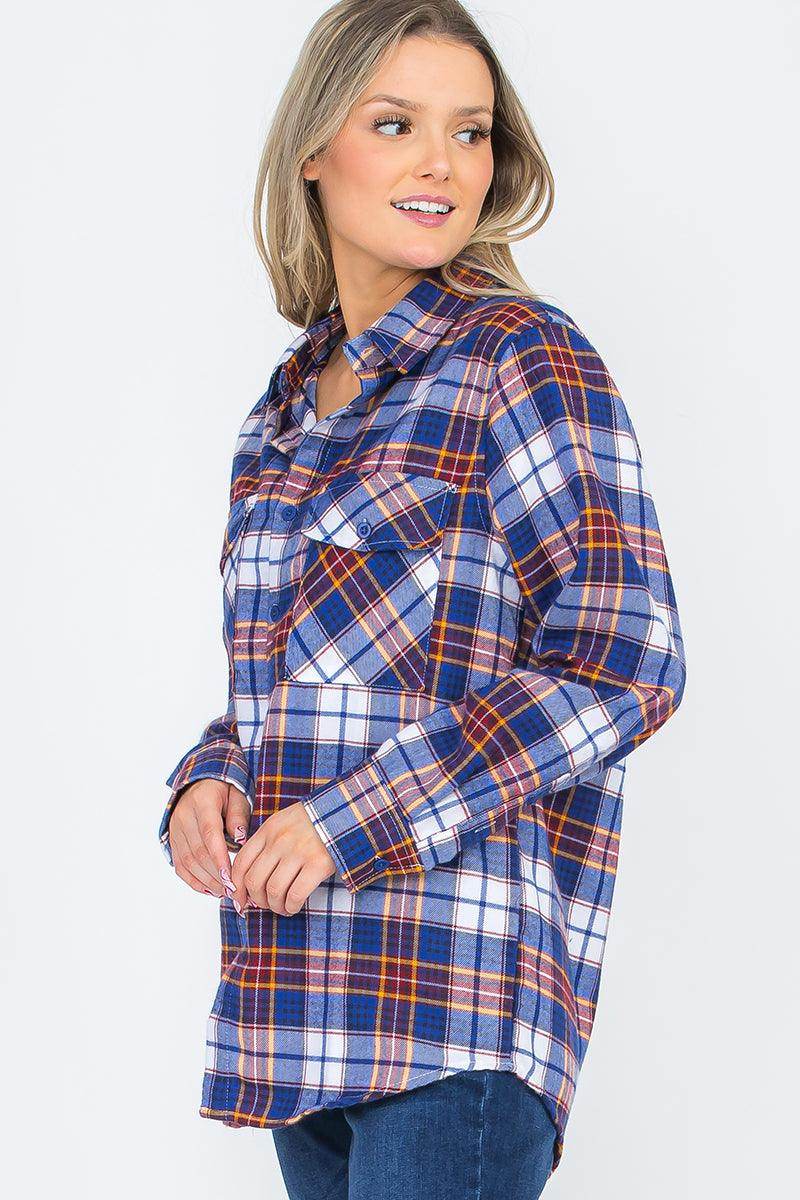 Women's boyfriend style plaid flannel shirt in blue, featuring a relaxed fit and front pockets