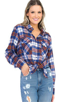 VacationGrabs Women's Boyfriend Style Plaid Flannel Shirt with Front Tie and Blue Accents