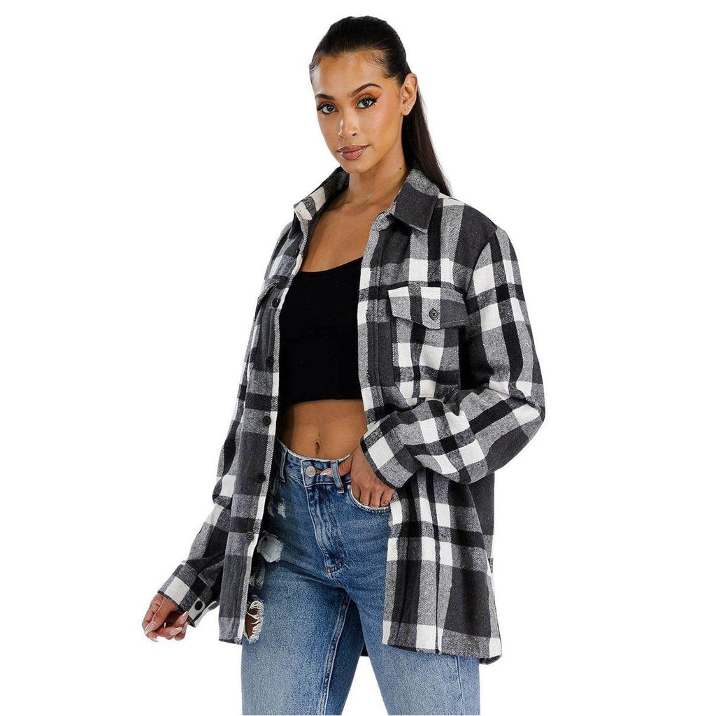 WEIV Women's Boyfriend Style Plaid Shirt in Black and White with Button Closure and Chest Pocket