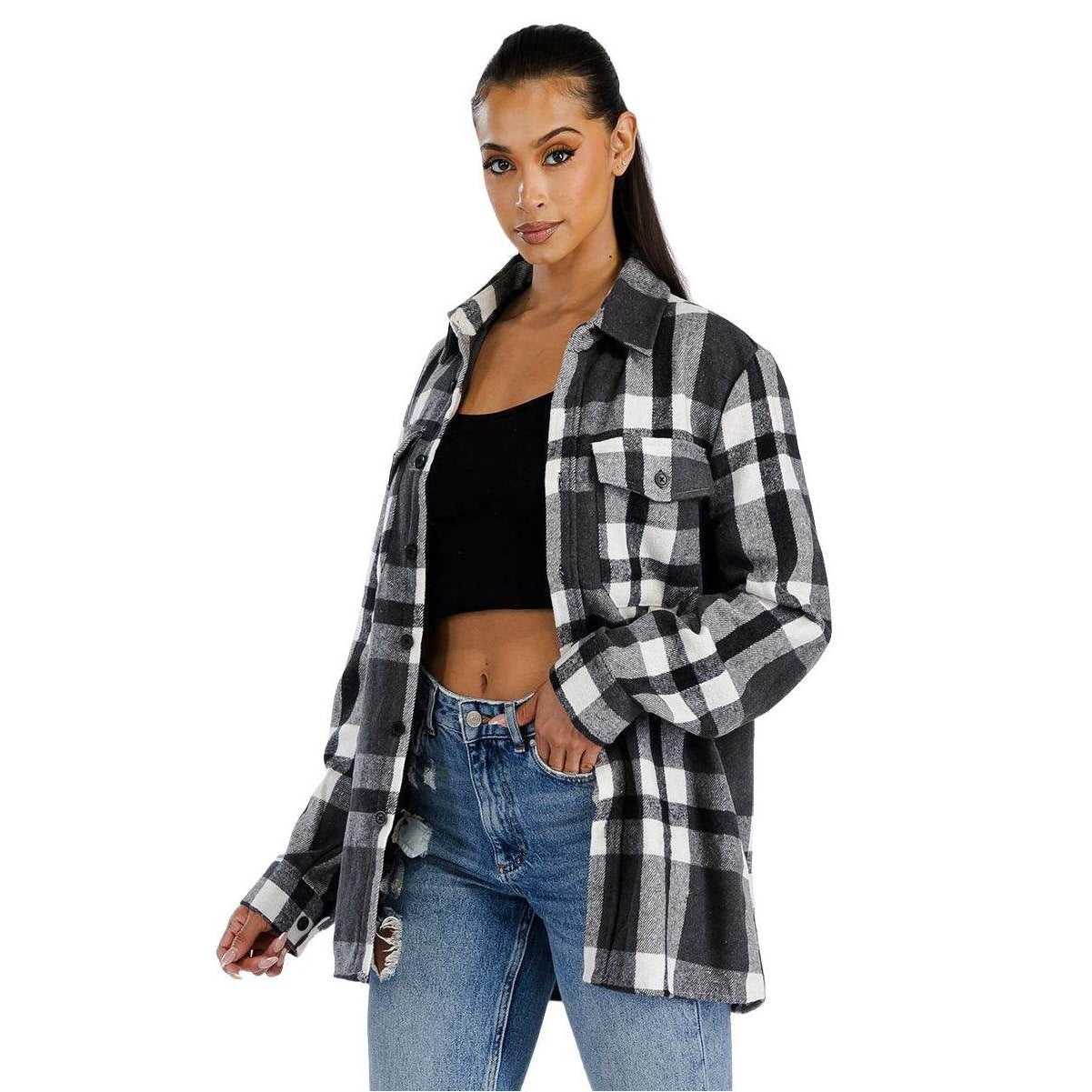 WEIV Women's Boyfriend Style Plaid Shirt in Black and White with Button Closure and Chest Pocket