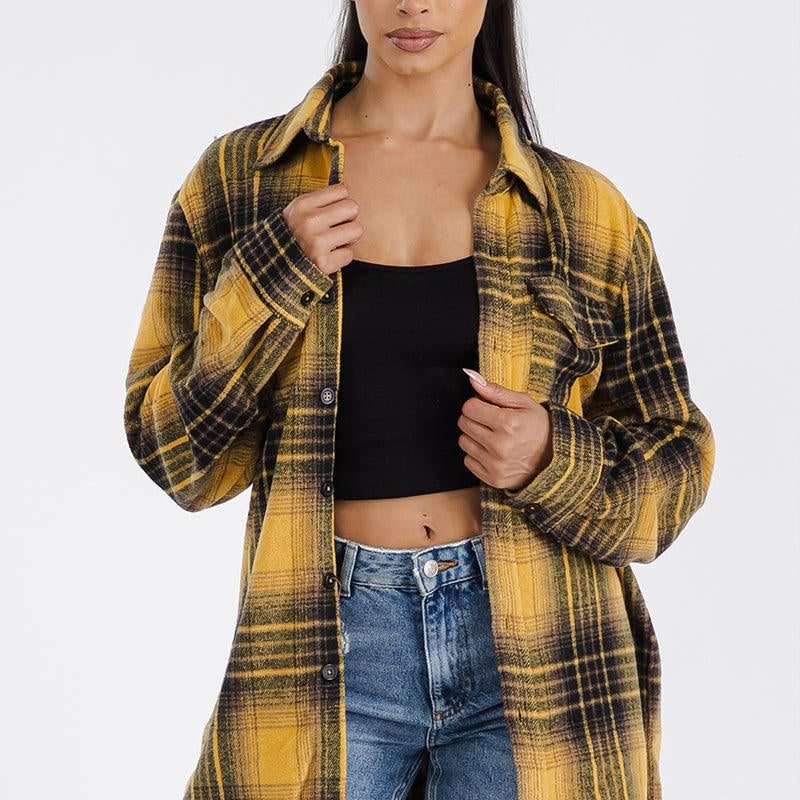 Women's Shirts - Shackets Boyfriend Yellow Plaid Oversized Soft Flannel Shacket