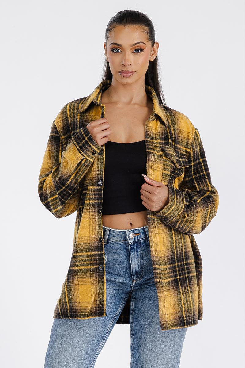 Women's Shirts - Shackets Boyfriend Yellow Plaid Oversized Soft Flannel Shacket