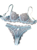 Light blue lace bra with matching lace panties for women