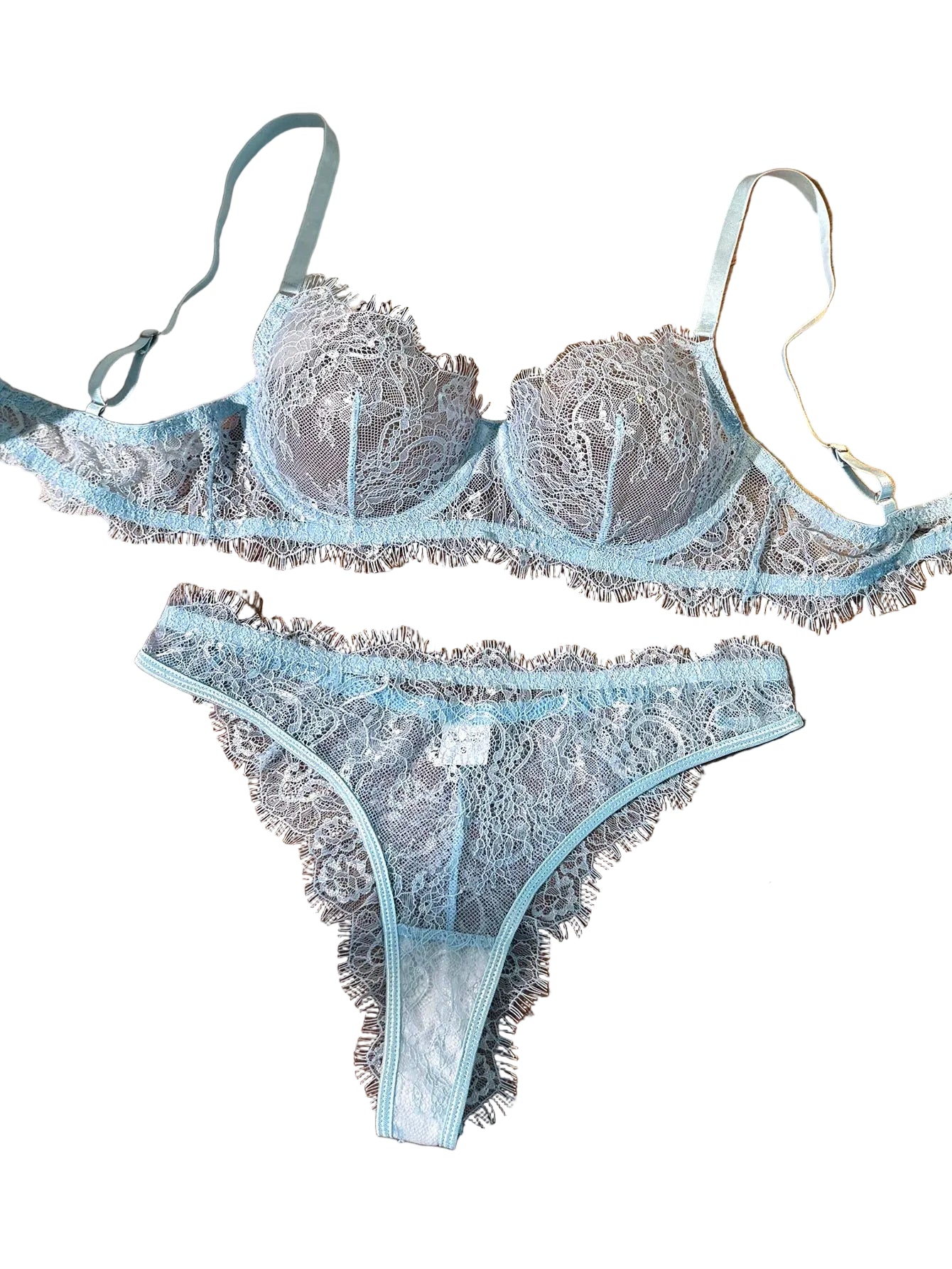 Light blue lace bra with matching lace panties for women