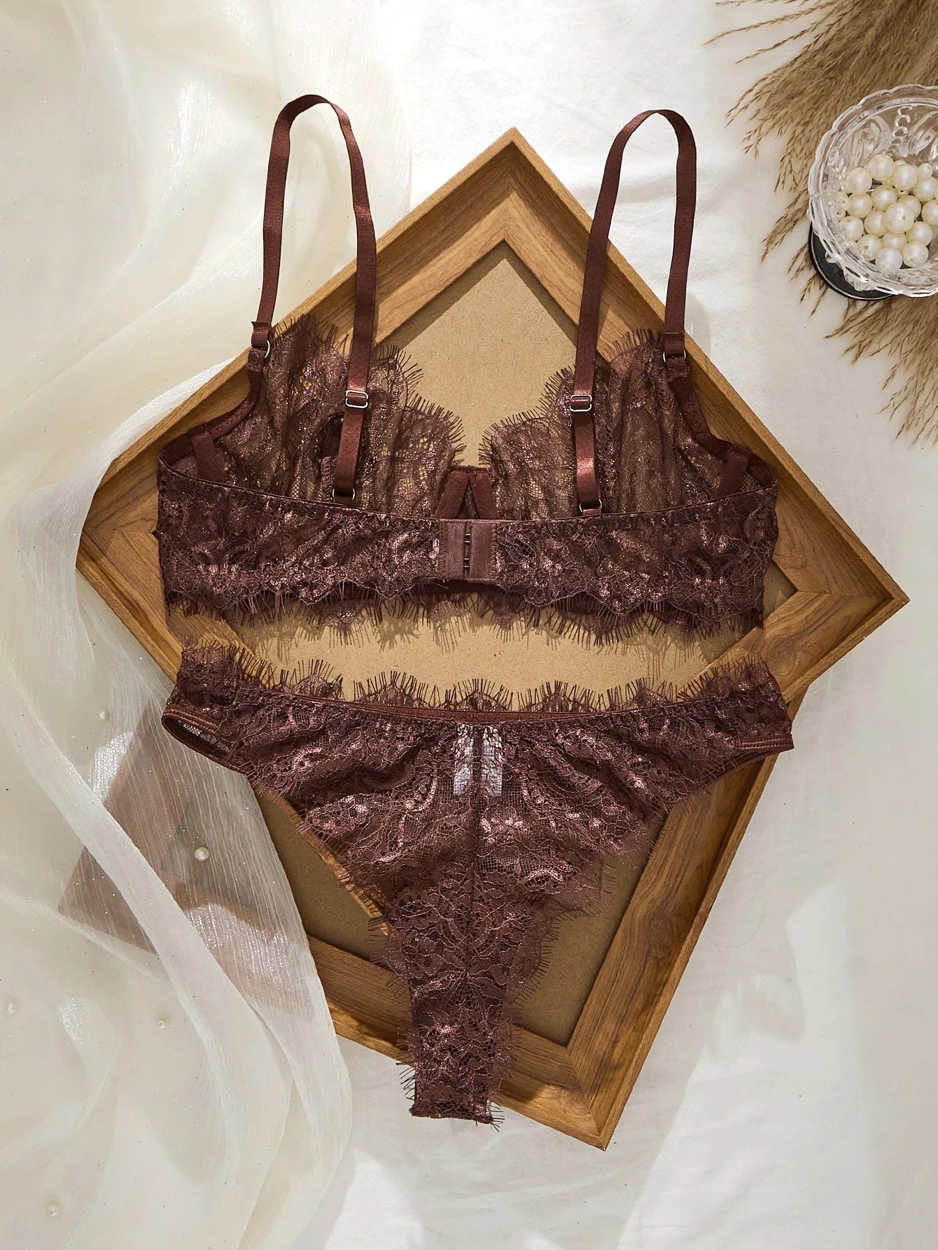 Brown lace bra with matching panties, elegant lingerie set